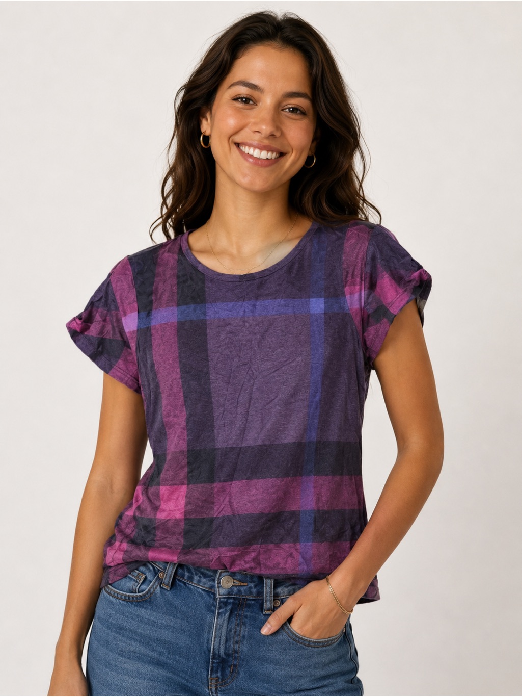 Burberry Brit Maroon Pink Plaid Short Sleeve Top Size M
